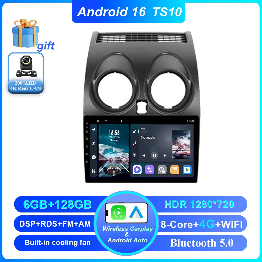 Android 16 for Nissan Qashqai 1 J10 2006 -2013 Auto Radio Stereo Multimedia Player GPS Navigation Car DVD High-Performance CPU