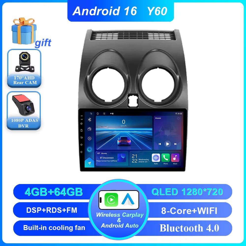 Android 16 for Nissan Qashqai 1 J10 2006 -2013 Auto Radio Stereo Multimedia Player GPS Navigation Car DVD High-Performance CPU