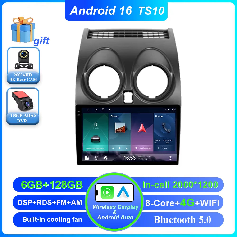 Android 16 for Nissan Qashqai 1 J10 2006 -2013 Auto Radio Stereo Multimedia Player GPS Navigation Car DVD High-Performance CPU