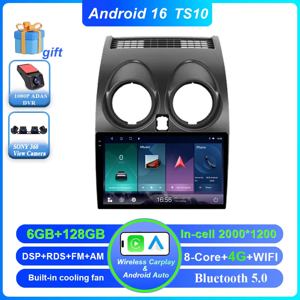 Android 16 for Nissan Qashqai 1 J10 2006 -2013 Auto Radio Stereo Multimedia Player GPS Navigation Car DVD High-Performance CPU