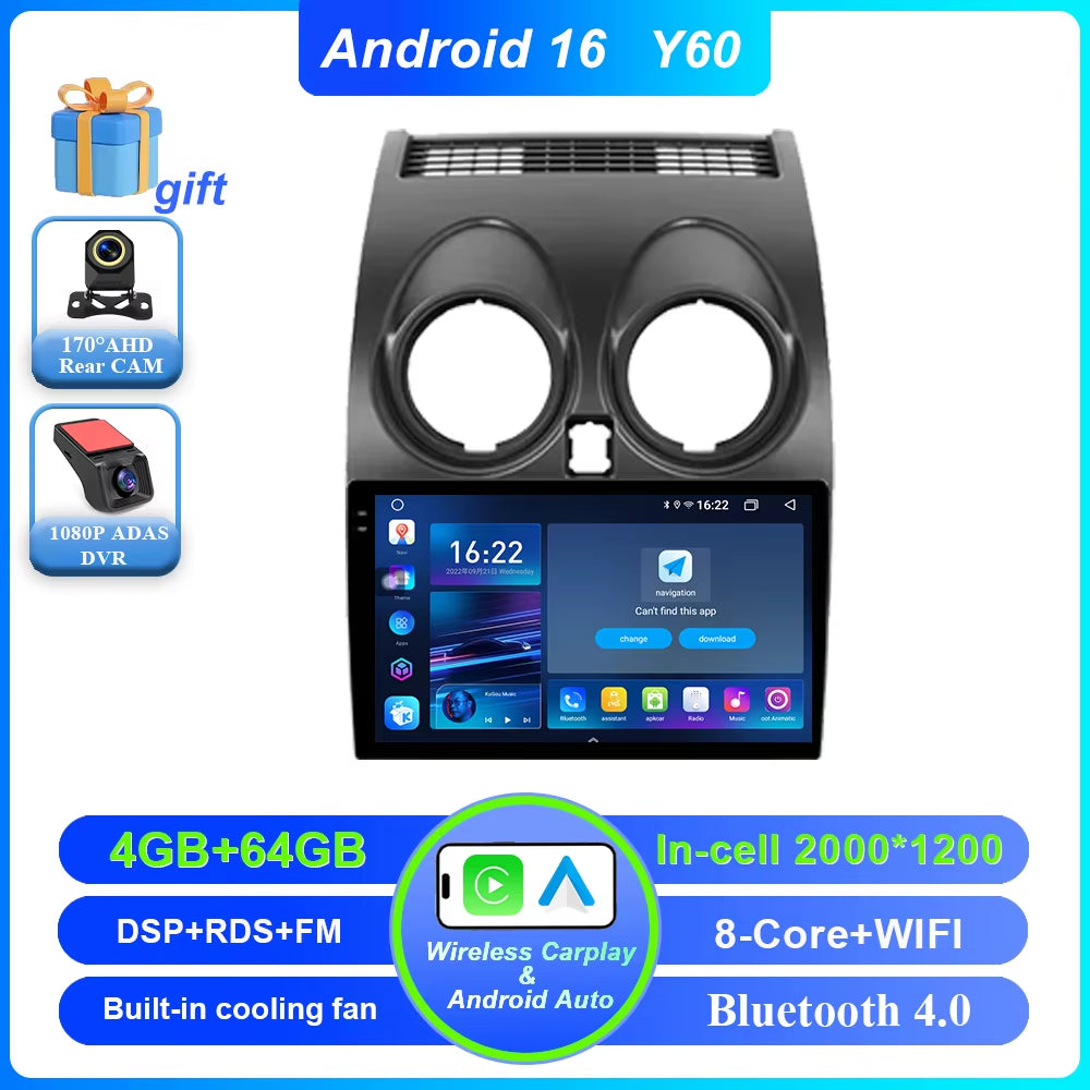 Android 16 for Nissan Qashqai 1 J10 2006 -2013 Auto Radio Stereo Multimedia Player GPS Navigation Car DVD High-Performance CPU