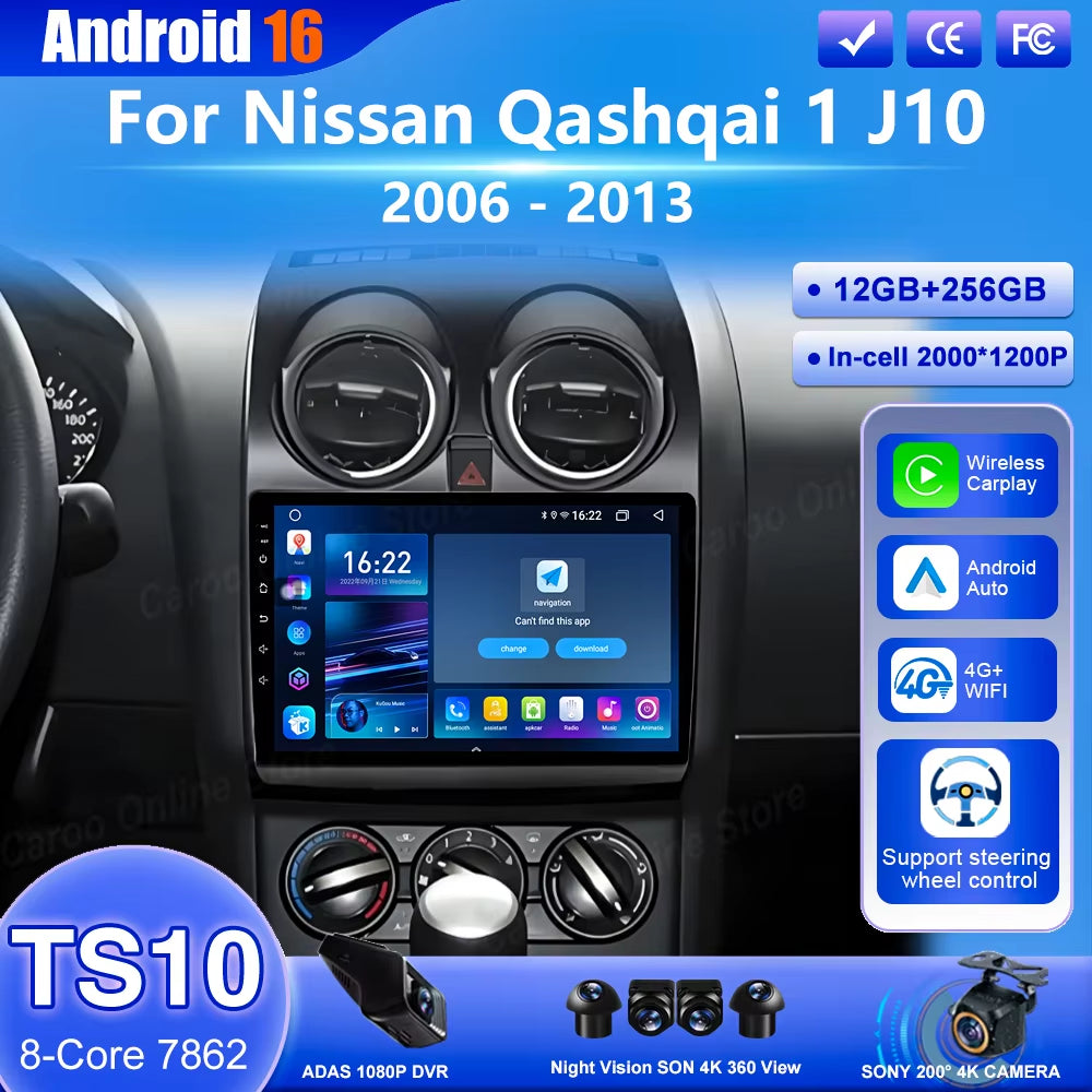 Android 16 for Nissan Qashqai 1 J10 2006 -2013 Auto Radio Stereo Multimedia Player GPS Navigation Car DVD High-Performance CPU