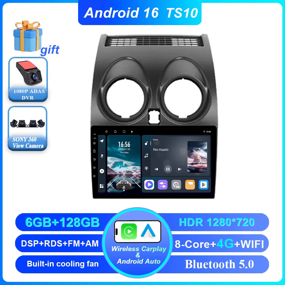 Android 16 for Nissan Qashqai 1 J10 2006 -2013 Auto Radio Stereo Multimedia Player GPS Navigation Car DVD High-Performance CPU