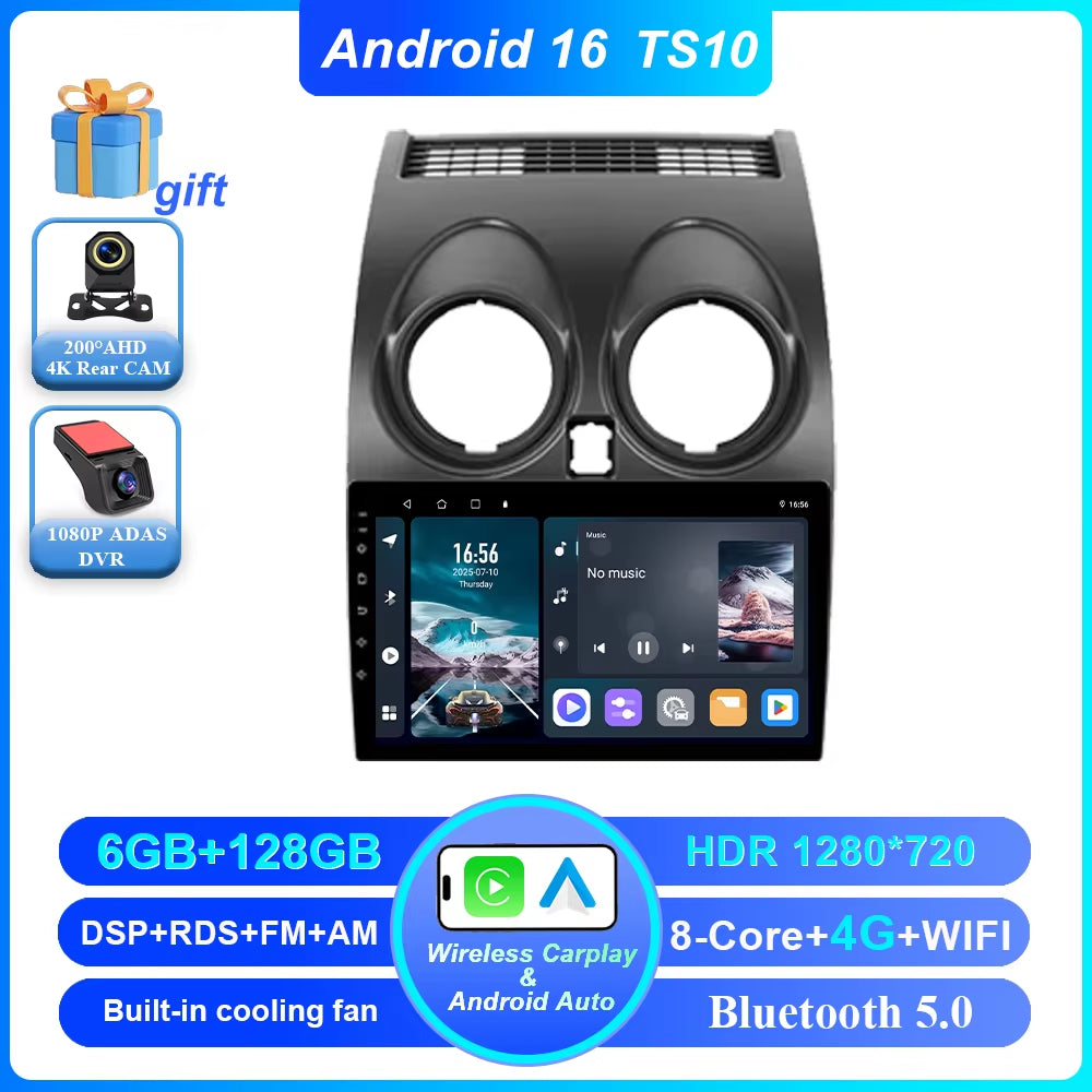 Android 16 for Nissan Qashqai 1 J10 2006 -2013 Auto Radio Stereo Multimedia Player GPS Navigation Car DVD High-Performance CPU