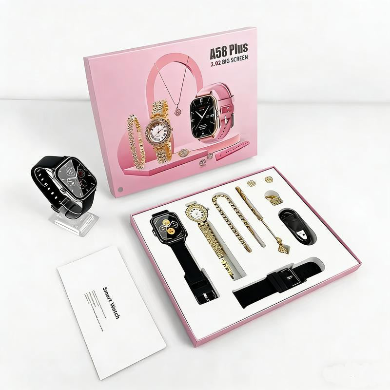 Fashion Gift A58 plus Women'S Luxury 8-In-1 Watch, 2 Bands Ring Earrings, Touchscreen Wearable Android Button Charging Chip Custom LCD Tracker