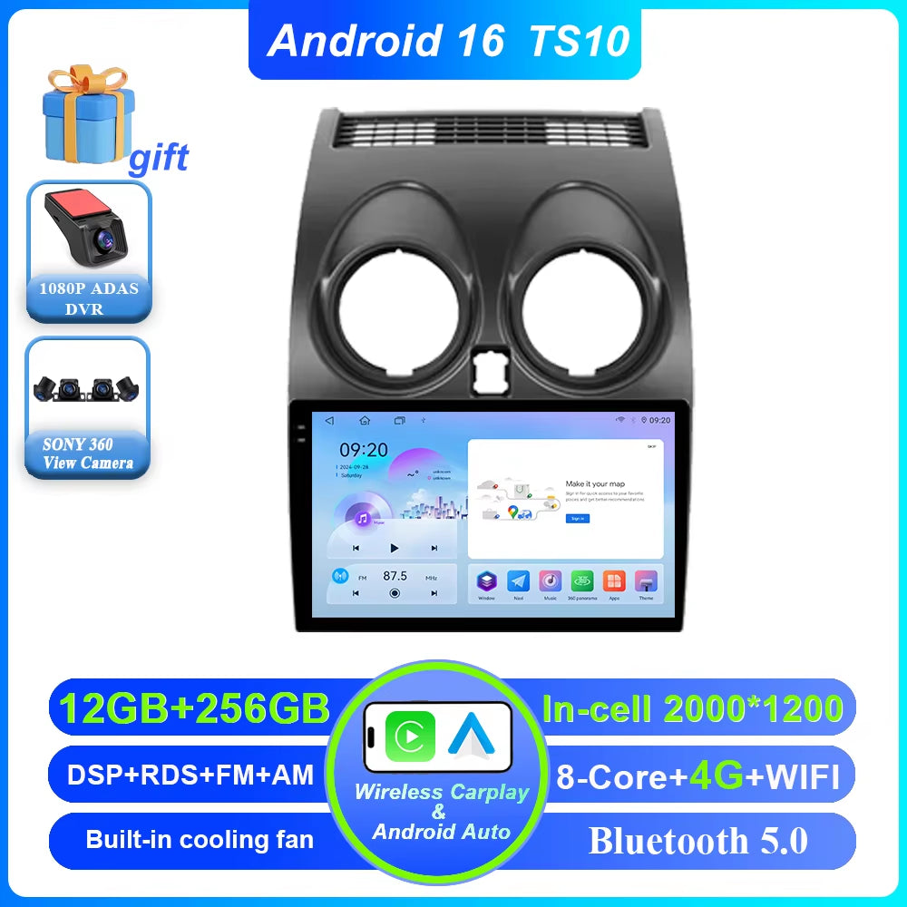 Android 16 for Nissan Qashqai 1 J10 2006 -2013 Auto Radio Stereo Multimedia Player GPS Navigation Car DVD High-Performance CPU