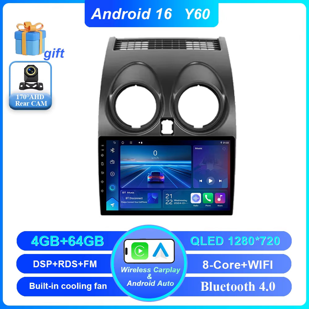 Android 16 for Nissan Qashqai 1 J10 2006 -2013 Auto Radio Stereo Multimedia Player GPS Navigation Car DVD High-Performance CPU