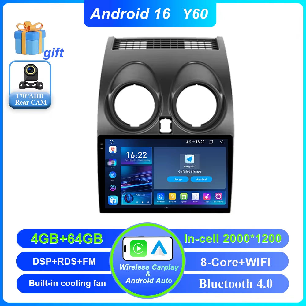 Android 16 for Nissan Qashqai 1 J10 2006 -2013 Auto Radio Stereo Multimedia Player GPS Navigation Car DVD High-Performance CPU