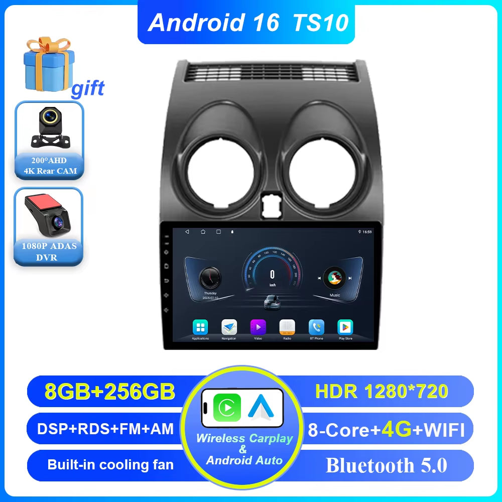 Android 16 for Nissan Qashqai 1 J10 2006 -2013 Auto Radio Stereo Multimedia Player GPS Navigation Car DVD High-Performance CPU