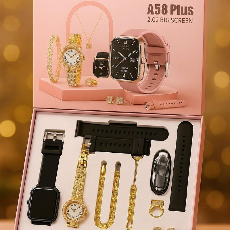 Fashion Gift A58 plus Women'S Luxury 8-In-1 Watch, 2 Bands Ring Earrings, Touchscreen Wearable Android Button Charging Chip Custom LCD Tracker