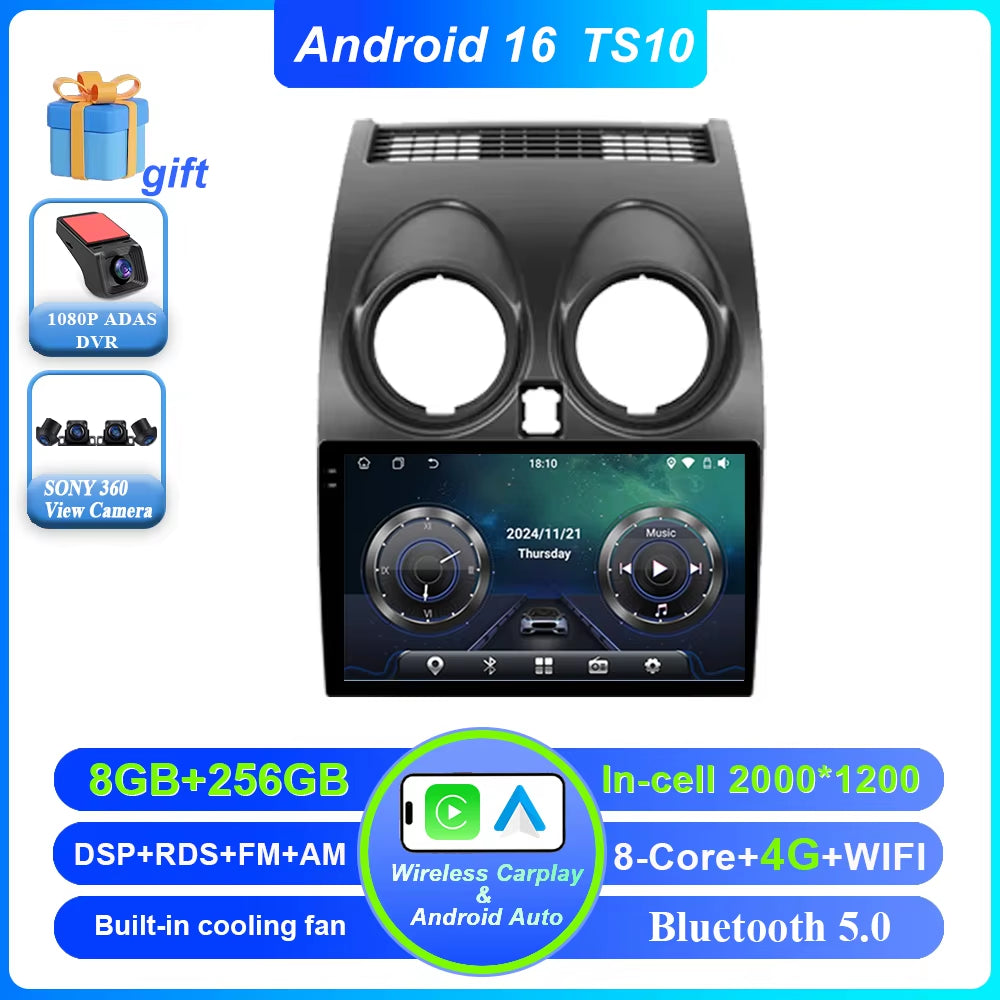 Android 16 for Nissan Qashqai 1 J10 2006 -2013 Auto Radio Stereo Multimedia Player GPS Navigation Car DVD High-Performance CPU